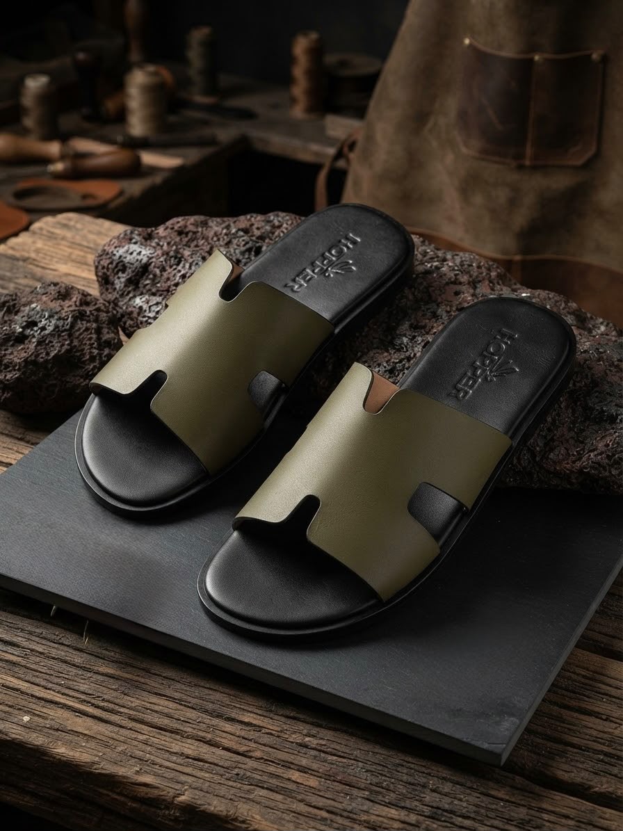 H-cut Khaki leather sandal