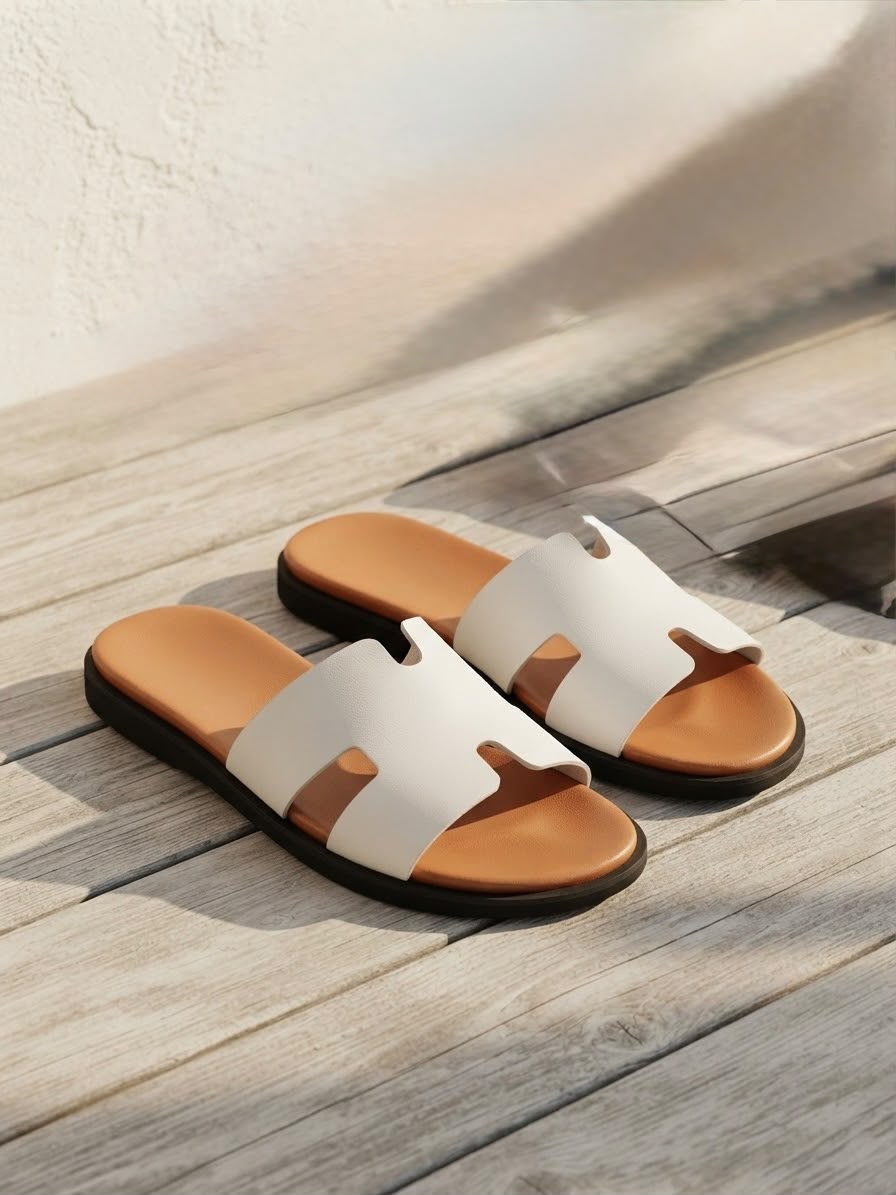 H-cut white leather sandal